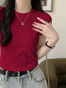 Gray Cotton Slim Fit Basic Short Sleeve T-Shirt round Neck Spring Summer New Style Womens Commute Pure Color Knitted Top