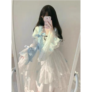 ชุดเดรสฤดูร้อน หวาน เดรสเจ้าหญิง โบว์ผีเสื้อ สวยงาม ชุดเดรสผู้หญิง กระโปรงทรงเอ แขนยาว เอวกลาง ผ้าโพลีเอสเตอร์