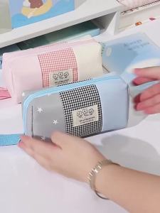 Ins Style Patchwork Pencil Case 4‑Layer Large Capacity Stationery Organizer pencil pouch Girls Student Handheld School Supplies
