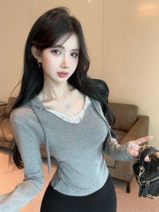 GUZILIAN | เสื้อยืดมีฮู้ดผ้าขนแกะผสมลูกไม้สไตล์เกาหลีสำหรับผู้หญิง เสื้อชั้นในทรงเข้ารูป ทรงสั้น ฤดูหนาว 2024