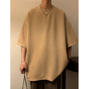 Loose Fit Mens Short Sleeve T-Shirt Suede Summer 2024 New American Retro plus Size Mens Clothing round Neck Solid Color