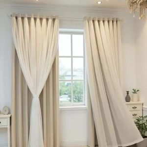 Beige Double Layer Grommet Curtains 2pcs Sheer Overlay Window Drapes Neutral Home Curtain for Bedroom Living Room