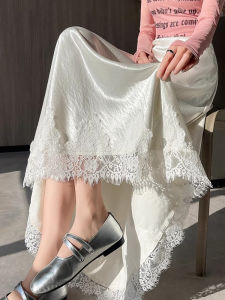WANGGONGZHU | High Waist Lace Trim Satin Half Skirt Womens Summer Slimming A-Line Fish Tail Long Skirt Korean Style Commute Pure Color