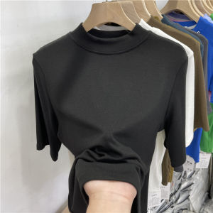 Slim Fit Korean Style T-Shirt Womens Spring Summer New Style Half High Collar Five Sleeve Mask Top Trendy Base Shirt