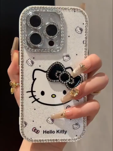 ซองศัพท์ iPhone 13 14 15 16 Pro Max ลายการ์ตูนแมวโบว์ 3D ฝังเพชรสองด้าน ป้องกันการตก ปกแข็งสำหรับ iPhone16Promax