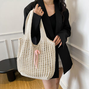 Large Capacity Knitted Hollow Shoulder Bag Crochet Underarm Tote Casual Beach Commuting Bag for Women