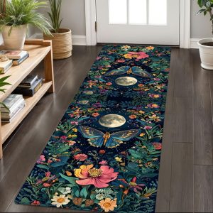 VIKAMA Celestial Moon Moth Floral Runner Rug Dark Botanical Boho Gothic Long Hallway Washable Entryway Decor Floor Carpet
