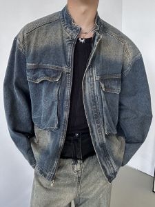 Japanese Style Retro Blue Vintage Denim Jacket Mens Large Loose Pockets Stand Collar Casual Zipper Jacket Spring and Autumn Top Tide