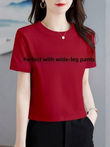 LINGLONGDAI | Pure Cotton Red Short Sleeve Womens T-shirt Slim Fit Versatile Base Layer Shirt Short Style Top Casual Summer 2025