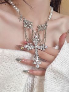 Gothic Punk Pearl Cross Necklace Baroque Style Starburst Pendant Exaggerated Clavicle Chain Accessory for Women Silver Color