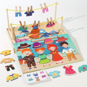 Childrens Wooden Clothes Changing Puzzle Jigsaw Puzzle Logic Thinking Training Fine Motor Training Hand-eye Coordination Training Clothes Drying Changing Game Two-in-one Desktop Educational Toy