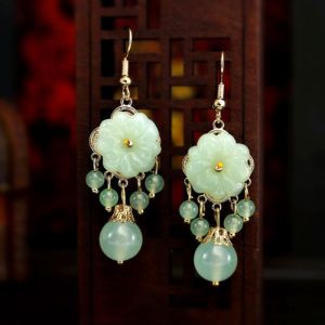 New Fashion Green Jade Marrow Flowers & Tassel Drop Earrings for Women