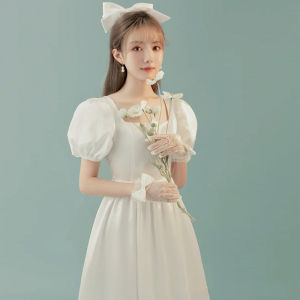 สีขาว สไตล์เจ้าหญิง เดรส เรียบหรู แขนสั้นกลาง เอว กระโปรงทรงเอ สําหรับผู้ใหญ่พิธีงานแต่งงานการเฉลิมฉลองหมั้น