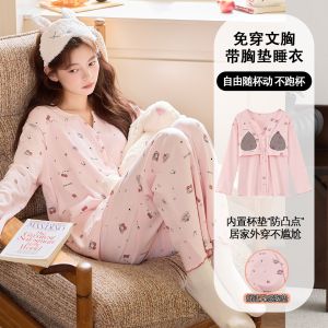 Pure Cotton Sleepwear Set with Chest Pad V-Neck Long Sleeve Casual Style Womens Autumn Spring Home Clothes Ensemble