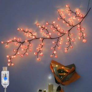 1PC 72/96LEDS Pink Cherry Blossom Vine Lights Branch Lights 8 Flashing Modes USB Poweredused for Bedrooms Indoor Home Party
