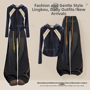 NUMEN BUTTON | Plus Size Spring Retro Sporty Hooded Outfit Set With Loose Youthful Jeans