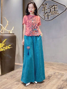 Cotton Linen Wide Leg Pants Womens Loose Fitting Ethnic Style Summer New Artistic Retro Chinese Tea Costume Pants