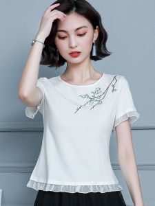 เสื้อยืดแขนสั้นผ้าคอตตอนผสมลูกไม้สไตล์เกาหลีสำหรับผู้หญิงในช่วงฤดูร้อนปี 2025 เสื้อเชิ้ตทรงเข้ารูปพอดีตัว ทรงหลวม ทรงลำลอง