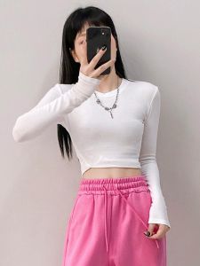 Spicy Girl Tight Base Shirt Womens Spring Autumn High Waist round Neck Short Long Sleeve T-Shirt Street Style Casual Pure Color