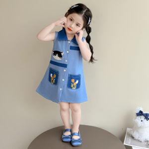 ชุดเดรสฤดูร้อนสำหรับเด็กผู้หญิง เสื้อกั๊ก สไตล์เจ้าหญิง แฟชั่น คอลเลกชันใหม่ กระโปรงทรงเอ ผ้าฝ้ายผสมโพลีเอสเตอร์ แขนกุด ความยาวปานกลาง