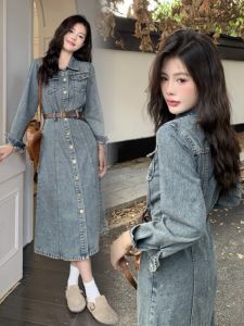 Vintage Blue Denim Dress Slimming Waist Accentuating