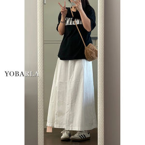 Casual Mid-Length A-Line Skirt White plus Size Womens Autumn New Style Slimming for Pear Shaped Body High Waist Cotton Skirt