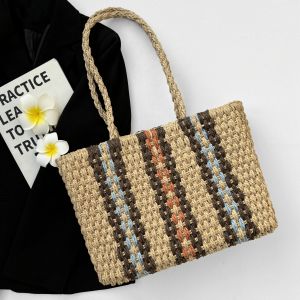 New Fashionable Womens Straw Woven Shoulder Bag Vertical Stripe Pattern Holiday Beach Photography Handbag Sweet Lady Style