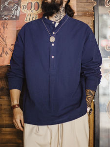 MADENGGONGZHUANG | Retro Style Casual Cotton Long Sleeve Henry Neck Shirt