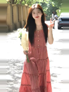 Ge·an·fei | Elegant French Style Red Plaid Halter Maxi Dress