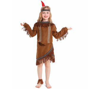 Boys Halloween Costume for Kids Girls Pretend Play Totem Brown Tassels Indian Cosplay Costume Set National Costume Set Parent Children Clothing Photoshoot Costume Women Halloween Costume Birthday Party Stage Play Performance