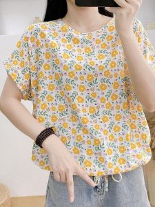 Loose Cotton Silk Womens Top Summer Casual Short Sleeve Slimming Artificial Cotton Small Shirt Anti-Aging Belly Cover Trendy T-Shirt