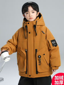 Thickened Fleece Winter Jacket for Boys Childrens Casual Style Polyester Fiber Coat with Hood Zipper Closure Autumn Winter