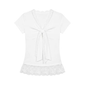 Áo Thun Ôm Body Cổ V Nơ Gắn Ren
