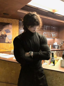 Cleanfit Black High Collar Mens Knitted Sweater Long Sleeve Muscle Enhancing Winter Warm Base Layer Casual Style Polyester Fiber