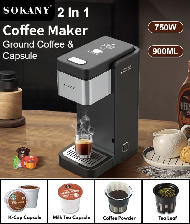 Sokany 2 In 1 Capsule Pressure Espresso & Ground Coffee Powder Coffee Maker  Machine 900ML Capacity 750W K-Cup Compatible Capsule Pods