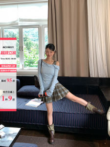 One-Shoulder Long Sleeve T-shirt and Plaid Pleated Mini Skirt Set