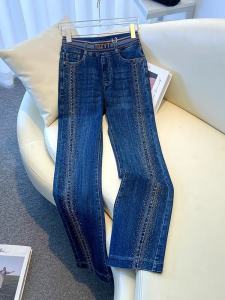 Womens High Waist Bell Bottom Jeans Spicy Heavy Duty Embellished Stretch Denim Trousers Slimming Long Pants Winter Fashion