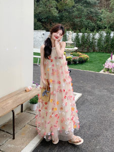 Romantic Floral 3D Hanging Neck Long Dress French Style Mesh Splicing Womens Summer Dress Elegant A-Line Silhouette Midi Dress