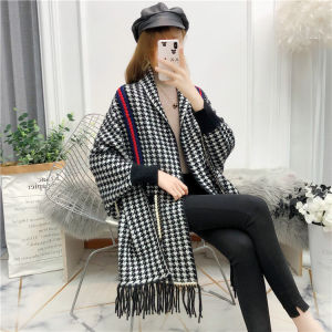Autumn Winter Knitted Woolen Coat Womens Cloak Sleeve Plaid Fashion Loose Tassel Cowl Neck Thickened Long Sleeve Mid-Length Batwing