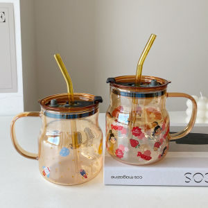 แก้วชากระจกทนความร้อนสําหรับผู้หญิงที่มีความจุใหญ่และฝารูปร่างกลมสร้างสรรค์ด้วยการออกแบบการ์ตูนที่เหมาะสมสําหรับการใช้งานประจําวัน