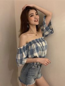เสื้อเชิ้ตแขนสั้นคอวีลายสก็อตเซ็กซี่สำหรับผู้หญิงในช่วงฤดูร้อน เสื้อเชิ้ตสไตล์เกาหลี แขนสั้น คอวี ทรงเข้ารูป แขนกุด