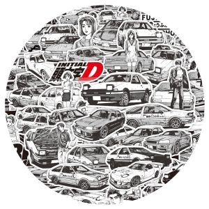 Bộ 75 Miếng Dán Anime Initial D Đen Trắng Phong Cách Graffiti Tự Làm Dành Cho Trẻ Em Hình Dán Hoạt Hình Vui Nhộn Dán Tường Sổ Tay Xe Đạp - Không Thấm Nước
