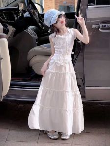 Váy Dài Không Tay Ren Viền Mềm Mại Cho Bé Gái Mùa Hè Áo Vest Dài Không Dây Váy Nửa Thân Hai Mảnh Cho Trẻ Em Trung Niên Và Lớn