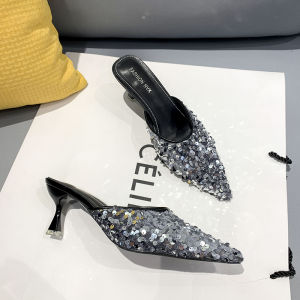 Black Pointed Toe High Heels Womens Slippers Outdoor Wear Sparkling Rhinestone Unique Backless High Heels Spring Summer New Style