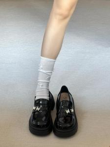 British Style Womens Flats Thick Bottom Heightening Versatile Mary Jane Shoes Butterfly Knot PU Leather round Toe Rubber Sole