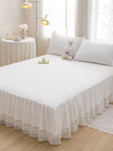 Korean Style Washed Cotton Skin-Friendly Lace Solid Color Bed Skirt Three-Piece Set Non-Slip Bed Sheet with Skirt Hem Household Single and Double