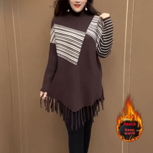 Fashionable Tassel Detail Mid-Length Loose Fit plus Size Half High Neck Womens Base Shirt Autumn Winter New Arrival