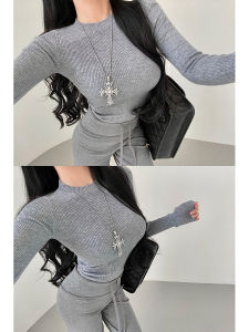 Kardashian Basic คอกลม สลิมฟิต แขนยาวถัก เสื้อท่อนบน ชั้นฐาน ผู้หญิง แฟชั่น ฤดูใบไม้ผลิ ฤดูใบไม้ร่วง สีทึบ คอกลม