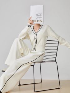 XIAODADEHUA | White V Neck Knit Cardigan and Casual Pants Set