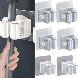 10pcs Self Adhesive Mop and Broom Holder Wall-mount Anti-Slip Plastic Mop Hook Rack Heavy Duty Punch-free Broom Organizer Waterproof Mop Broom Hanger for Bathroom Kitchen